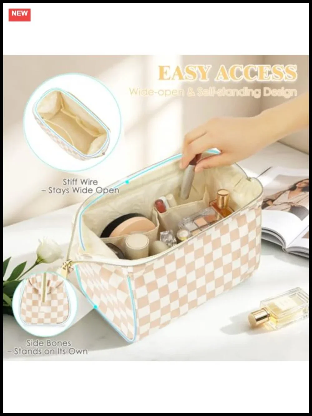Waterproof Checkered Travel Makeup Bag for Women, Wide-open Cosmetic Organizer